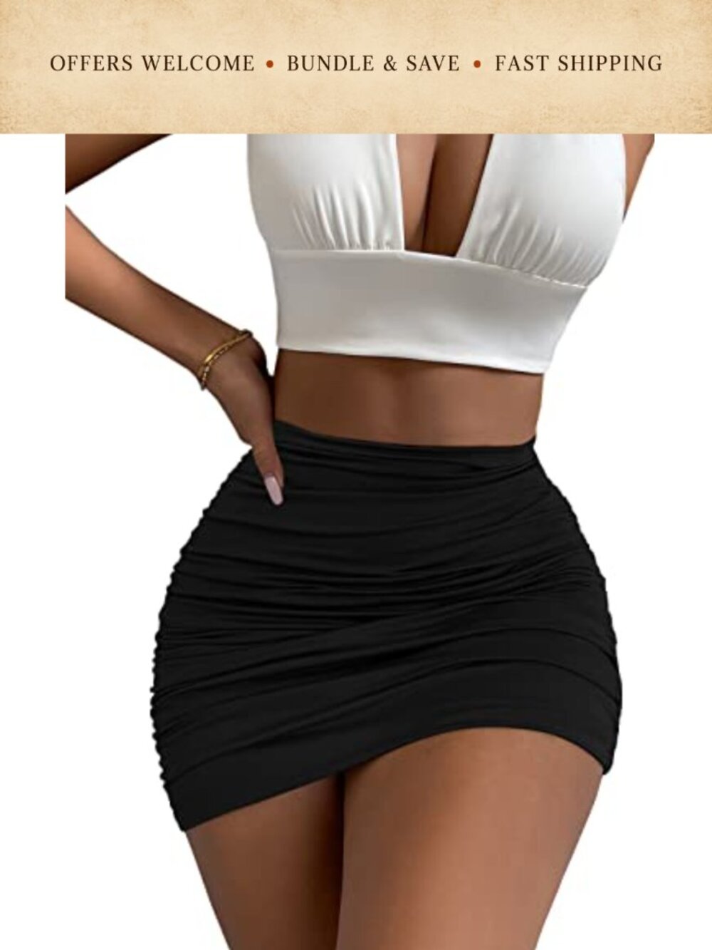 High Waist Ruched Bodycon Mini Skirt Double Layer Stretch